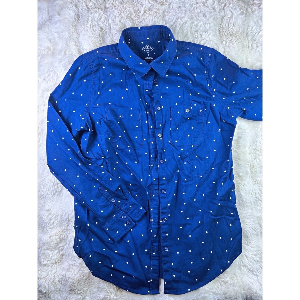 St. John's Bay Mens S Blue/White Polka Dot Cotton Button-Up Shirt Pockets. A27